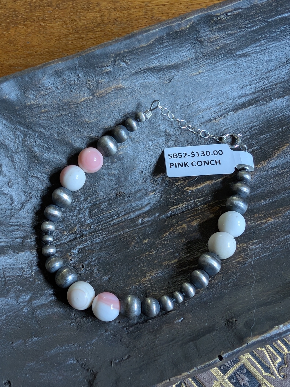 Pink Conch Shell Bead Bracelet with Sterling Beads, 6 in